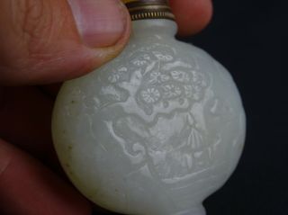 Antique Chinese Hand carved White Jade Snuff Bottle with Yellow Top & Brass spoo 5