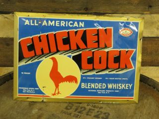 Rare Vintage Tin Chicken Cock Whiskey Sign Advertising Toc