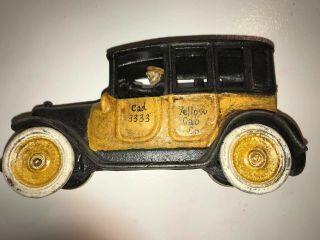 Cast Iron Yellow Cab Toy With Rolling Wheels 8 " Long 3” Wide