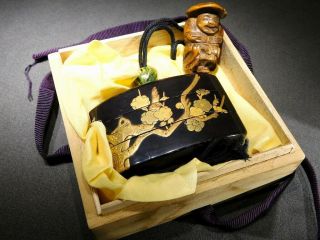 Gold Makie Lacquered Inro W Ojime & Netsuke 19thc Japanese Edo Meiji Antique