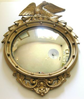 Antique Federal Convex Eagle Bulls Eye Mirror Gesso Gold Gilt