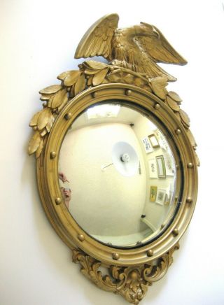 Antique Federal Convex Eagle Bulls Eye Mirror Gesso Gold Gilt 4