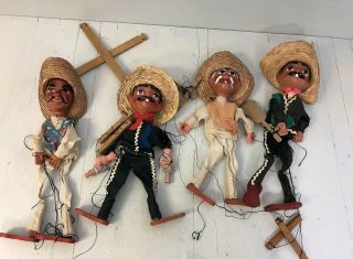 4 Vtg Mexican Marionette Puppets Gunman Musician,  Others Need Strings