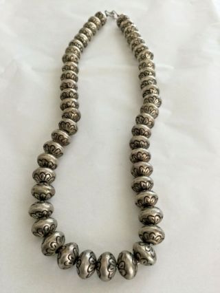 90 Grams Vintage Ky Signed Navajo Sterling Silver Bead Necklace