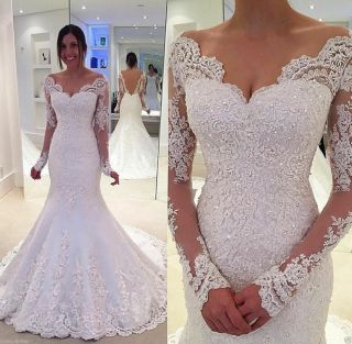 Vintage Mermaid White Ivory Wedding Dress 2018 V Neck Lace Bridal Gown Uk 6 - 20