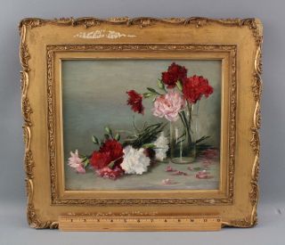 Antique 19thc American Carnation Flowers,  Still Life Oil Painting,  Nr