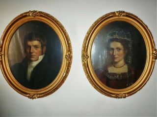 Pair 19th Century Antique American Portrait Oil Paintings Husband & Wife
