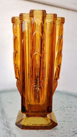 Rare Old Art Deco Amber Glass Vase 26 Cm (10 ") Tall Gorgeous Inca Cross Design
