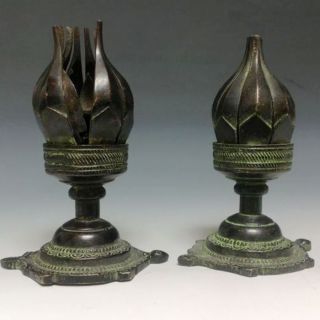 A Pair Rare Chinese Bronze Copper Lotus Lamp Oil Lamp