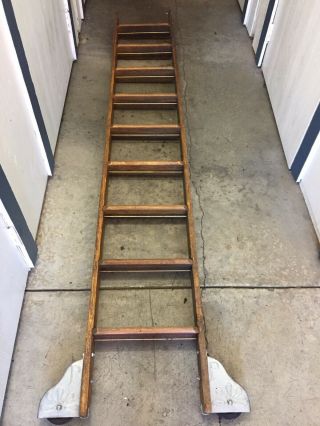 Antique Putnam Wooden Rolling Library Ladder 10ft Long
