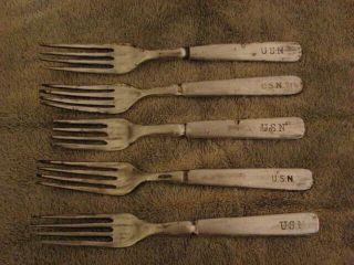 (5) Ww2 Us Navy Fork,  Silver Plated,  Reed &barton,  1877 N.  F.  Co.