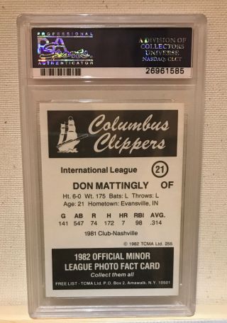 1982 TCMA Columbus Clippers Don Mattingly 21 Minor League PSA 10 GEM RARE 2