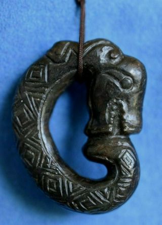 Antique Chinese Hand Carved Stone Dragon Snake Belt Robe Amulet Nephrite Pendant