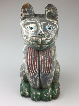 14.  5” Antique Hand Carved Painted Wooden Cat Statue Figure (very Heavy) Vintage