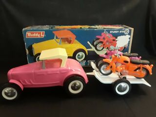 Vtg Collectible Buddy L Big " H " Race Team Car And Motorcycle Trailer Hot Pink