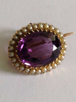 Fine Victorian 15ct Gold Natural Amethyst & Seed Pearl Set Oval Brooch