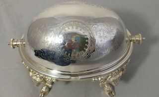 Antique Victorian Roll - top Butter Dish/ Caviar Dish with Rams Head & Hoof Feet 8