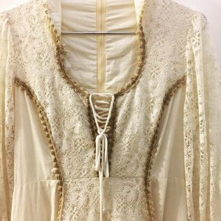 Vintage Gunne Sax Dress Gown Boho Bride Sz 13 70 ' s Jute Lace Natural Muslin 2