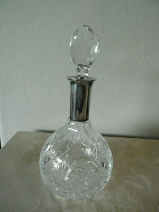 Vintage Sterling Silver And Cut Crystal Decanter / Marked On Neck.  925 10 " High