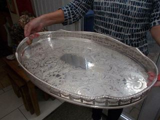 Very Large Silver Plate Tray Rise & Fall Wave Effect Very Ornate Gallery 22 "