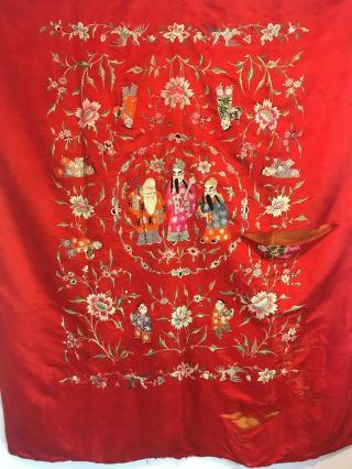 Large Antique Chinese Hand Embroidered Silk Wall Hanging The God Of Longevity