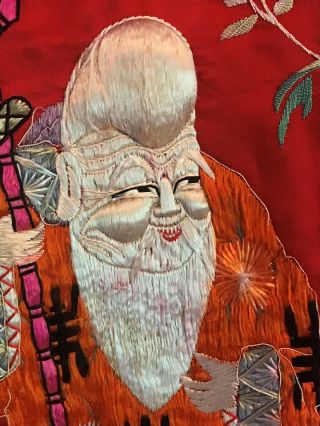 Large Antique Chinese Hand Embroidered Silk Wall Hanging the God of Longevity 5