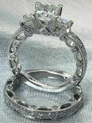 Diamond Engagement Set Ring 14k White Gold Over Solitaire 3.  0ct Princess Diamond