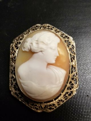 Large Antique 14 Kt Gold Cameo Brooche Pin Hand Carved Shell Cameo