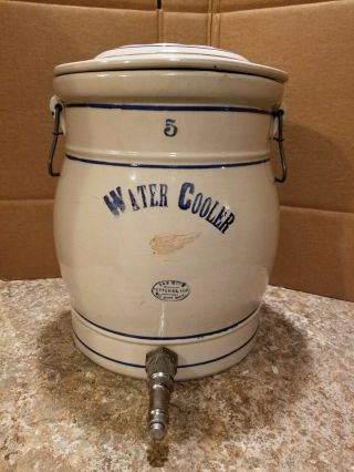 Vintage Stoneware 5 Gallon Red Wing Water Cooler With 5w Daisy Lid Rare Combo