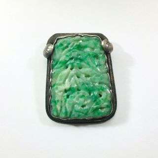 Vintage Chinese Export Brooch - Silver Mounted Carved Green Jade - China Export