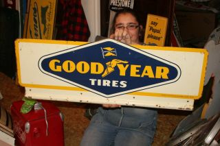 Large Vintage 1960 Goodyear Tires Gas Station 2 Sided 36 " Metal Sign