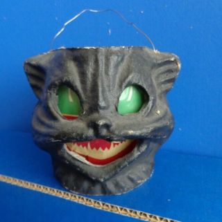 Vintage Antique Halloween Black Cat Head Pulp Paper Mache Lantern