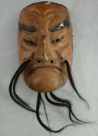 Antique Japanese Carved Wood Painted Mask W/human Hair.  Meiji,  1868 - 1912.