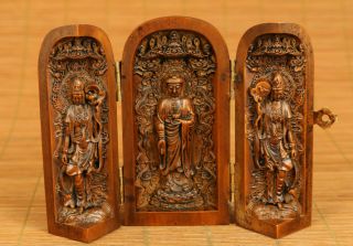 Rare Asian Old Boxwood Hand Carved Buddha Kwan - Yin Statue Netsuke Box Decoration