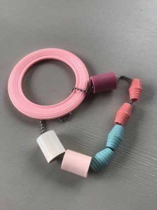 Vintage Baby Beads Crib Toy Ring Pink Blue Teething Hard Plastic