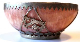 Signed Tibet Silver Chinese Carved Pink Jade/quartz Asian Bowl Phoenix & Dragon