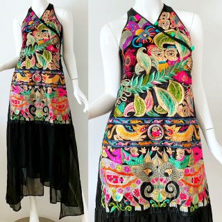 20s Vintage Chinese Embroidered Silk Dragon Flapper Cheongsam Dress Small