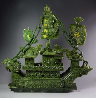 Large Chinese Hand Carved 100 Natural Jade Dragon Incense Statue Dragon Boat Tr