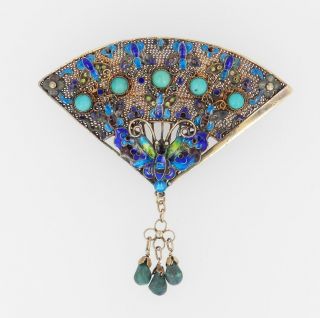 Vintage Chinese Silver Enamel Butterfly Turquoise Fan Pin Brooch