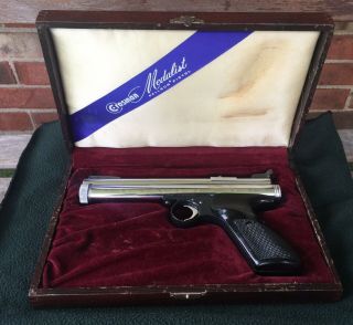 Antique Crosman Medalist 150c Chrome.  22 Cal Co2 Pellet Pistol With Mahogany Box