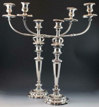 19c Pair English Sheffield Large Silver Plate 3 Light Candelabra Candle Holders