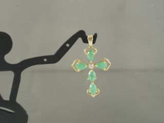Estate Vintage 14k Yellow Gold Natural Emerald Diamond Accent Cross Pendant