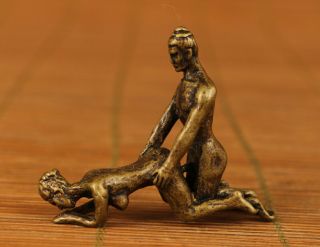 Mini Copper Old Handmade Carved Sexual Culture Girl Man Statue Art Gift Netsuke