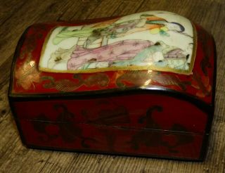 Antique Chinese Painted Porcelain Covered Cinnabar Box