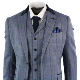 Mens Check Tweed 3 Piece Blue Navy Suit Vintage Retro Tailored Fit Prince Wales