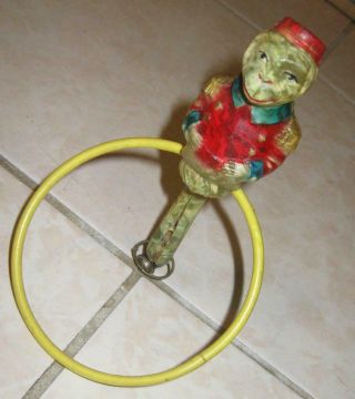 40s Vintage Celluloid Organ Grinder Monkey Figural Trapeze Play Ring Figure Rare