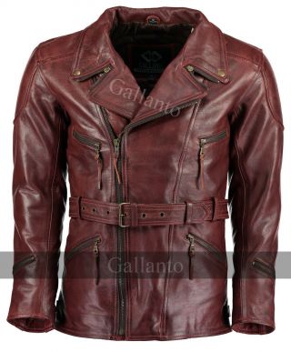 3/4 Vintage Red Distressed Eddie Mens Motorcycle Biker Long Leather Jacket Wine