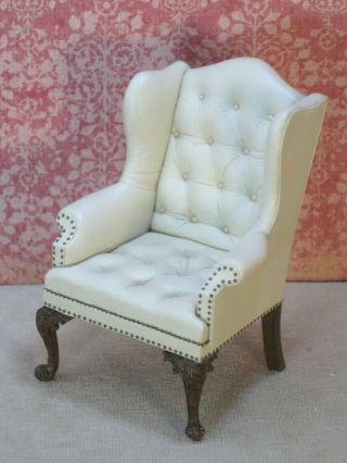 Gail Steffey Rare Ivory Wing Back Leather Chair - Artisan Dollhouse Miniature