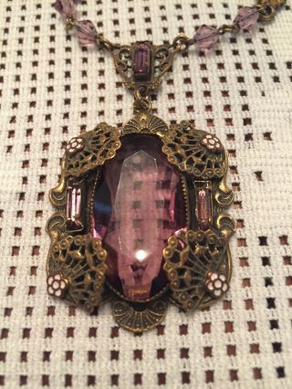 Antique Victorian Brass Enamel Amethyst Purple Glass Flower Necklace