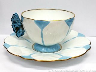 Vintage Aynsley Fine China B1322 Striped Blue Butterfly Porcelain Teacup Saucer